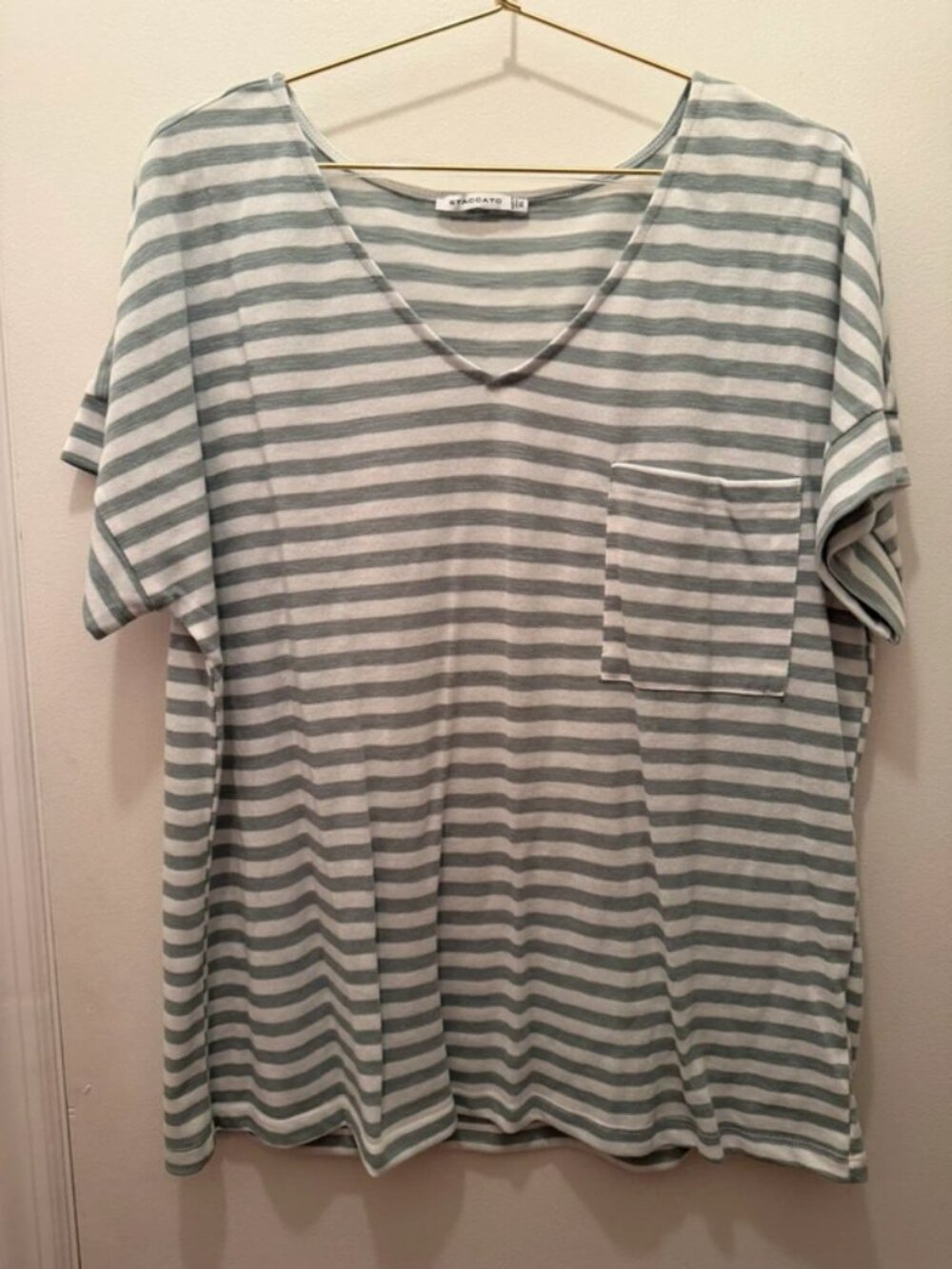 New Staccato Women’s Sage & White Striped V-Neck Pocket T-Shirt- Size XL